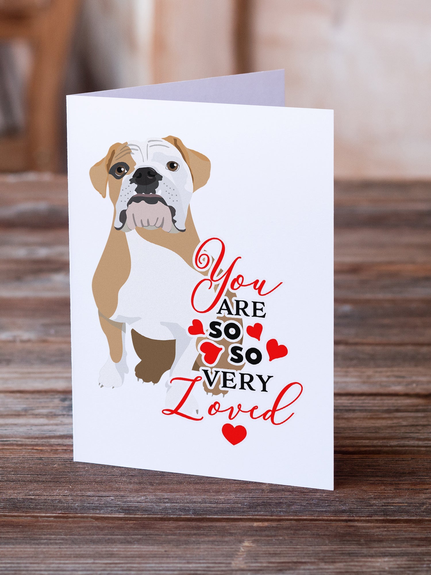 English Bulldog Fawn and White so Loved Greeting Cards Pack of 8 Blank Cards with Envelopes Whimsical A7 Size 5x7