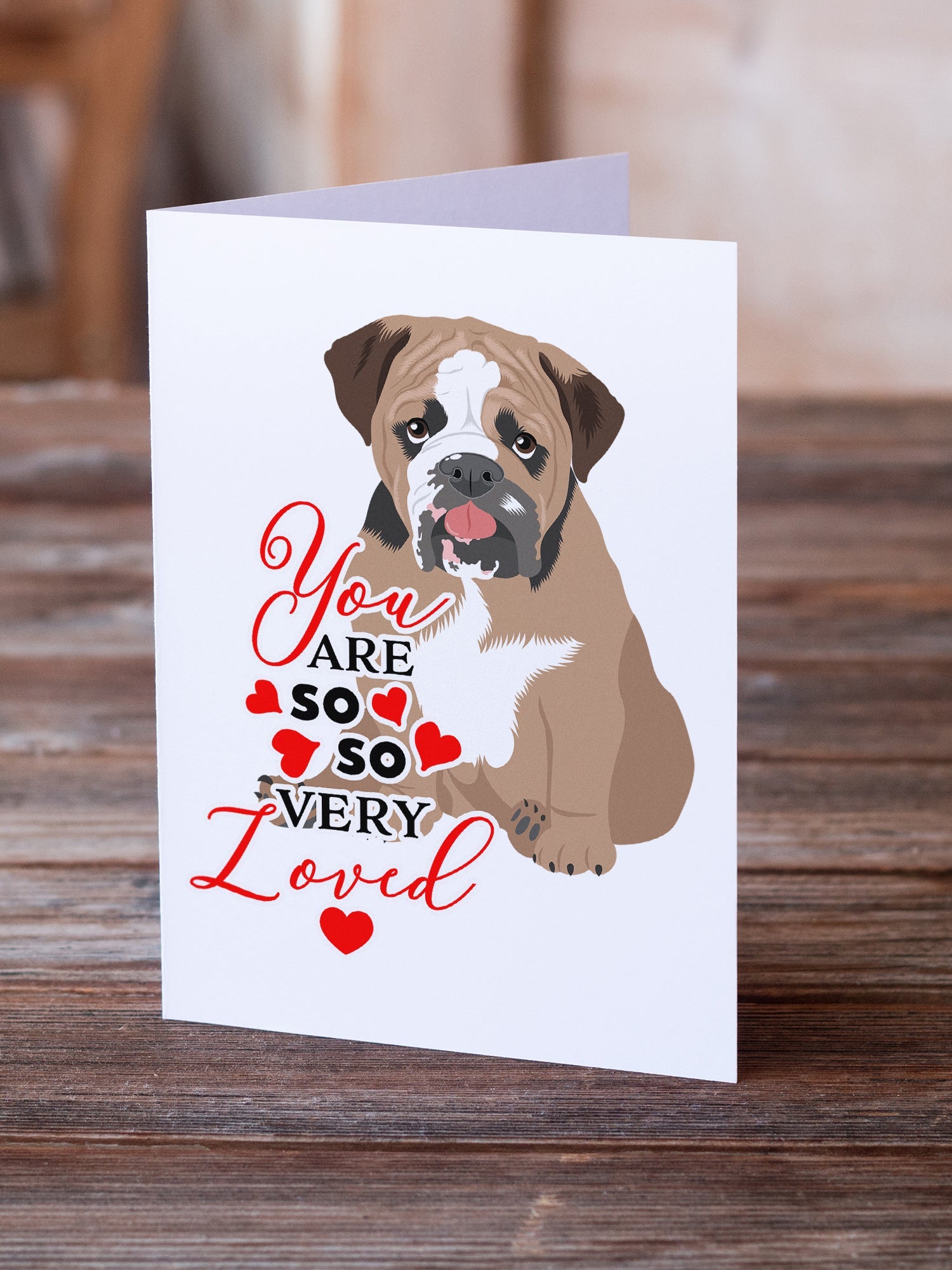 English Bulldog Tricolor #4 so Loved Greeting Cards Pack of 8 Blank Cards with Envelopes Whimsical A7 Size 5x7
