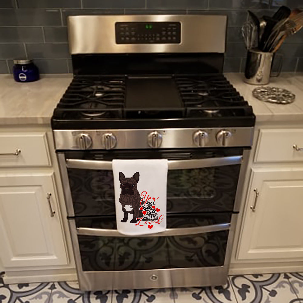 French Bulldog Brindle #1 so Loved Kitchen Towel Set of 2 White Dish Towels Decorative Bathroom Hand towel for Hand, Face, Hair, Yoga, Tea, Dishcloth, 19 X 28", White