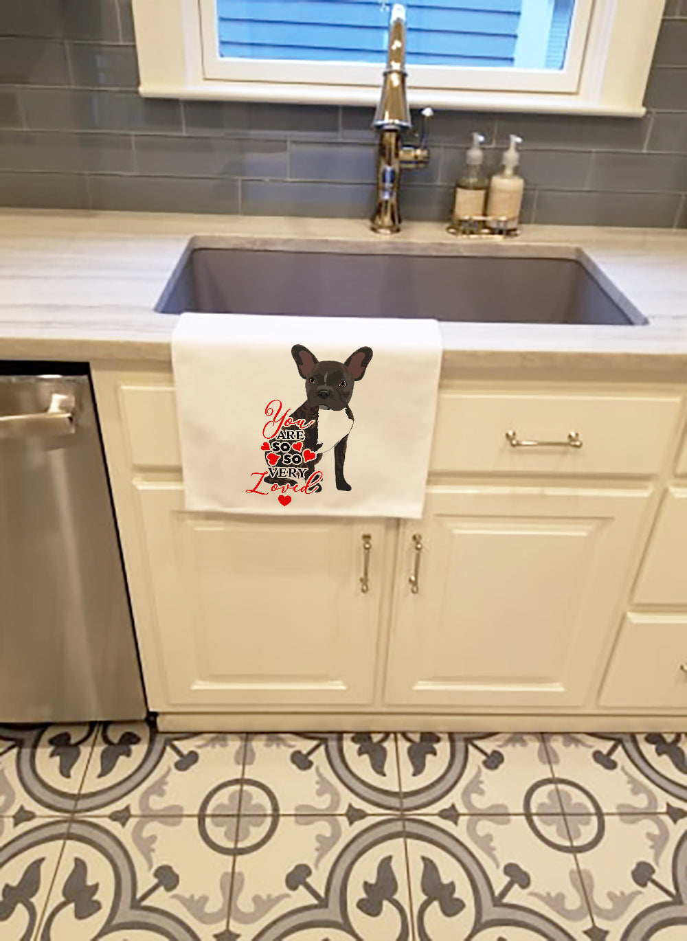 French Bulldog Brindle #2 so Loved Kitchen Towel Set of 2 White Dish Towels Decorative Bathroom Hand towel for Hand, Face, Hair, Yoga, Tea, Dishcloth, 19 X 28", White