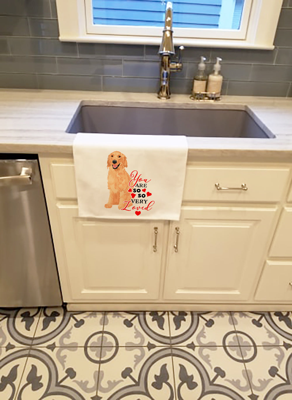 Golden Retriever Gold #1 so Loved Kitchen Towel Set of 2 White Dish Towels Decorative Bathroom Hand towel for Hand, Face, Hair, Yoga, Tea, Dishcloth, 19 X 28", White
