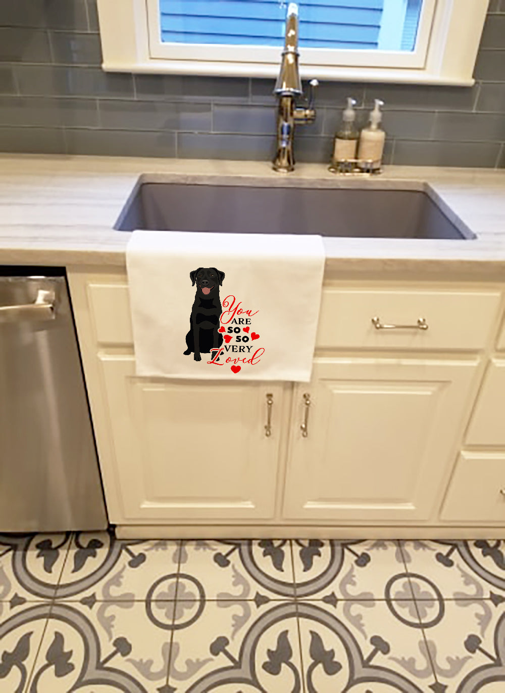 Labrador Retriever Black #1 so Loved Kitchen Towel Set of 2 White Dish Towels Decorative Bathroom Hand towel for Hand, Face, Hair, Yoga, Tea, Dishcloth, 19 X 28", White