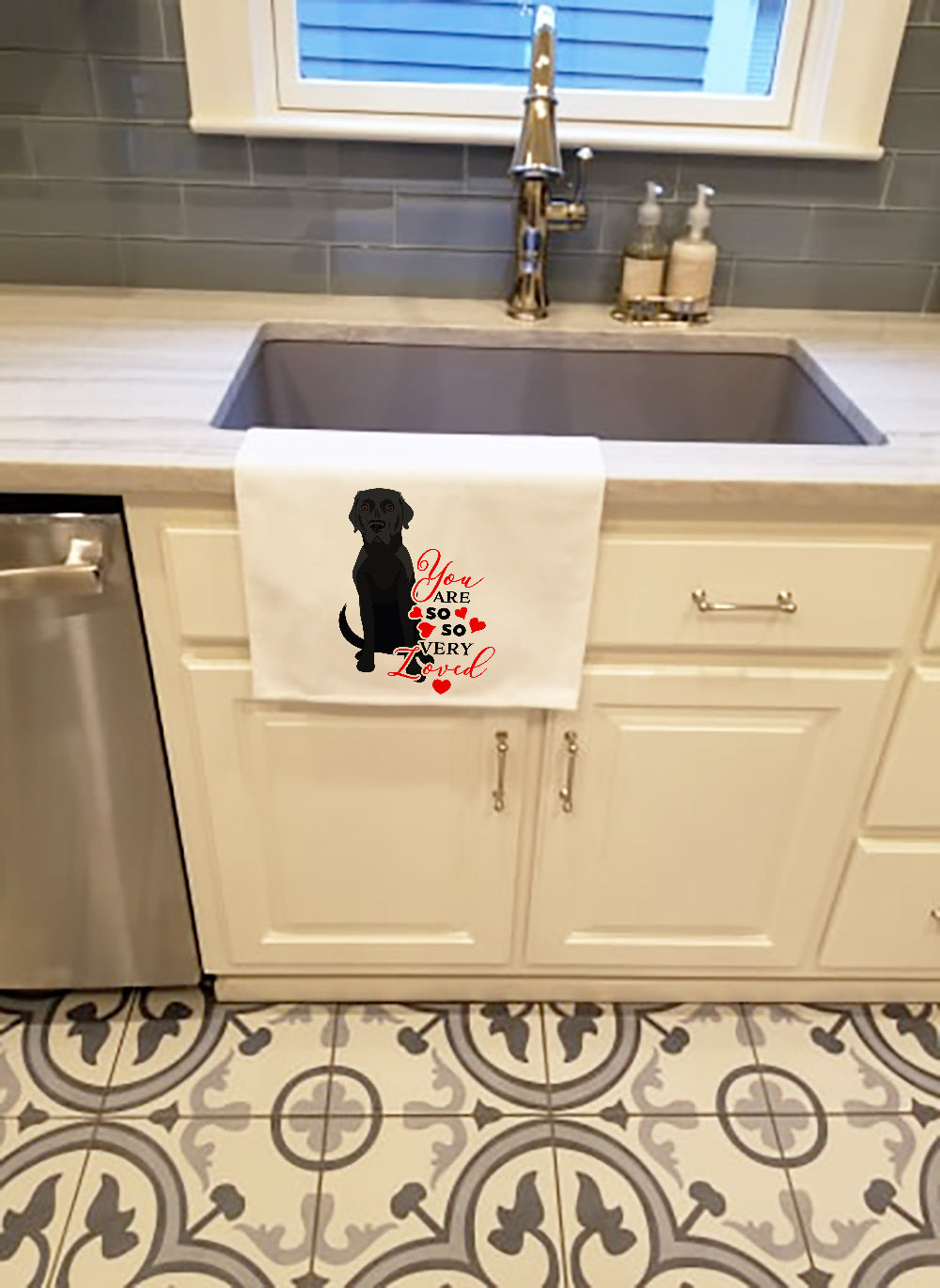 Labrador Retriever Black #2 so Loved Kitchen Towel Set of 2 White Dish Towels Decorative Bathroom Hand towel for Hand, Face, Hair, Yoga, Tea, Dishcloth, 19 X 28", White