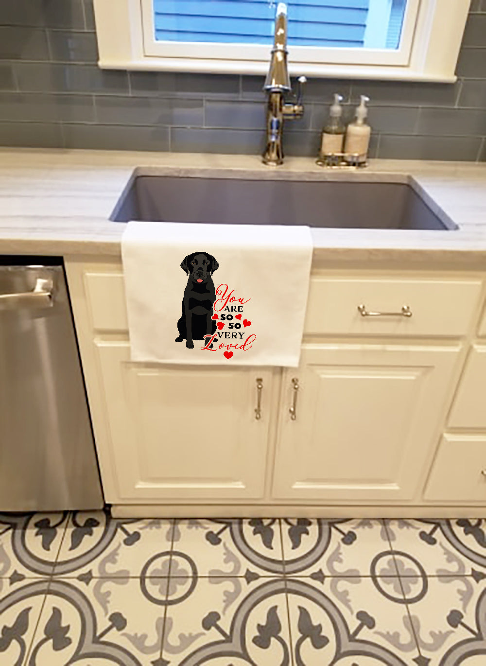 Labrador Retriever Black #3 so Loved Kitchen Towel Set of 2 White Dish Towels Decorative Bathroom Hand towel for Hand, Face, Hair, Yoga, Tea, Dishcloth, 19 X 28", White