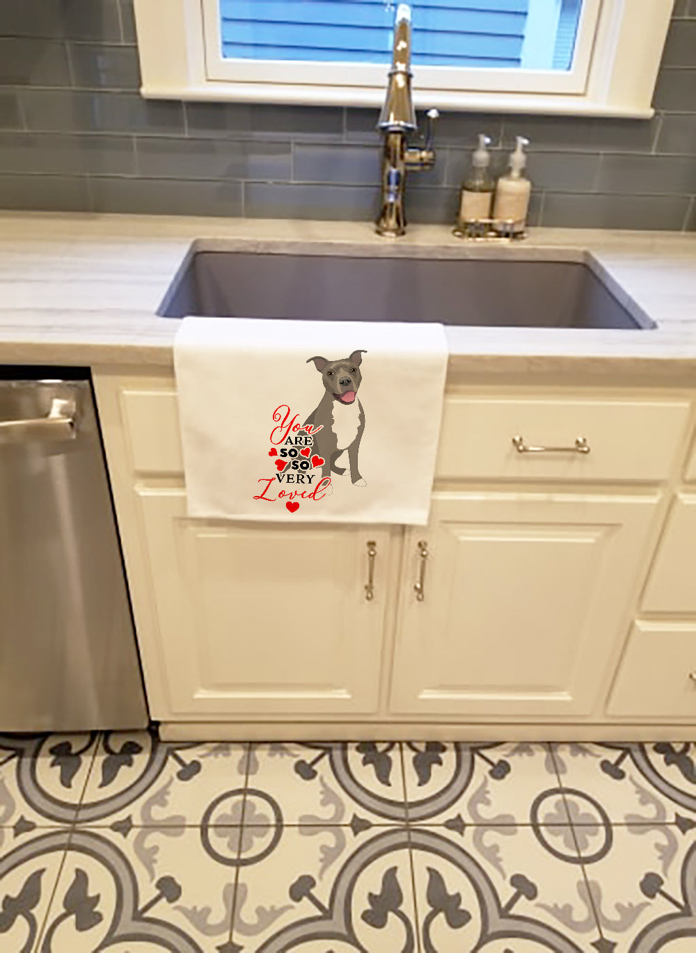 Pit Bull Blue #1 so Loved Kitchen Towel Set of 2 White Dish Towels Decorative Bathroom Hand towel for Hand, Face, Hair, Yoga, Tea, Dishcloth, 19 X 28", White