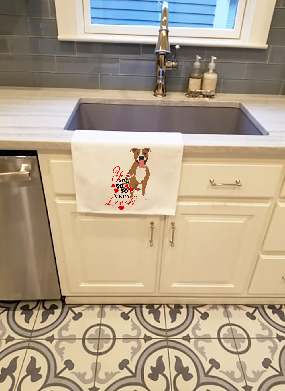 Pit Bull Fawn #2 so Loved Kitchen Towel Set of 2 White Dish Towels Decorative Bathroom Hand towel for Hand, Face, Hair, Yoga, Tea, Dishcloth, 19 X 28", White