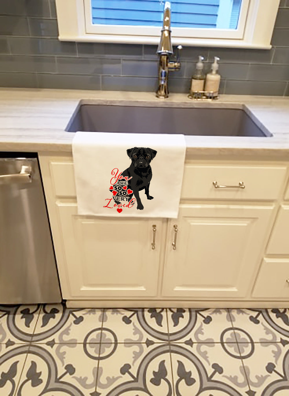 Pug Black #2 so Loved Kitchen Towel Set of 2 White Dish Towels Decorative Bathroom Hand towel for Hand, Face, Hair, Yoga, Tea, Dishcloth, 19 X 28", White