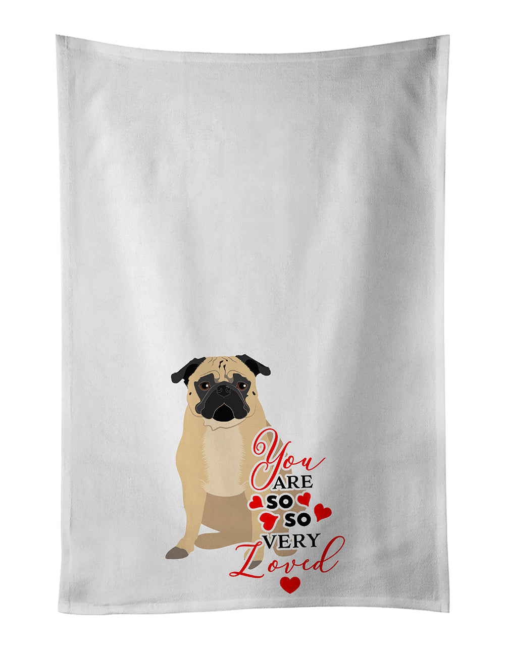 Pug Fawn #1 so Loved Kitchen Towel Set of 2 White Dish Towels Decorative Bathroom Hand towel for Hand, Face, Hair, Yoga, Tea, Dishcloth, 19 X 28", White