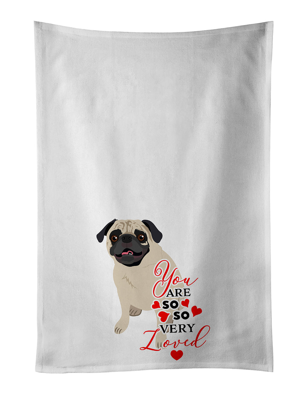 Pug Fawn #2 so Loved Kitchen Towel Set of 2 White Dish Towels Decorative Bathroom Hand towel for Hand, Face, Hair, Yoga, Tea, Dishcloth, 19 X 28", White