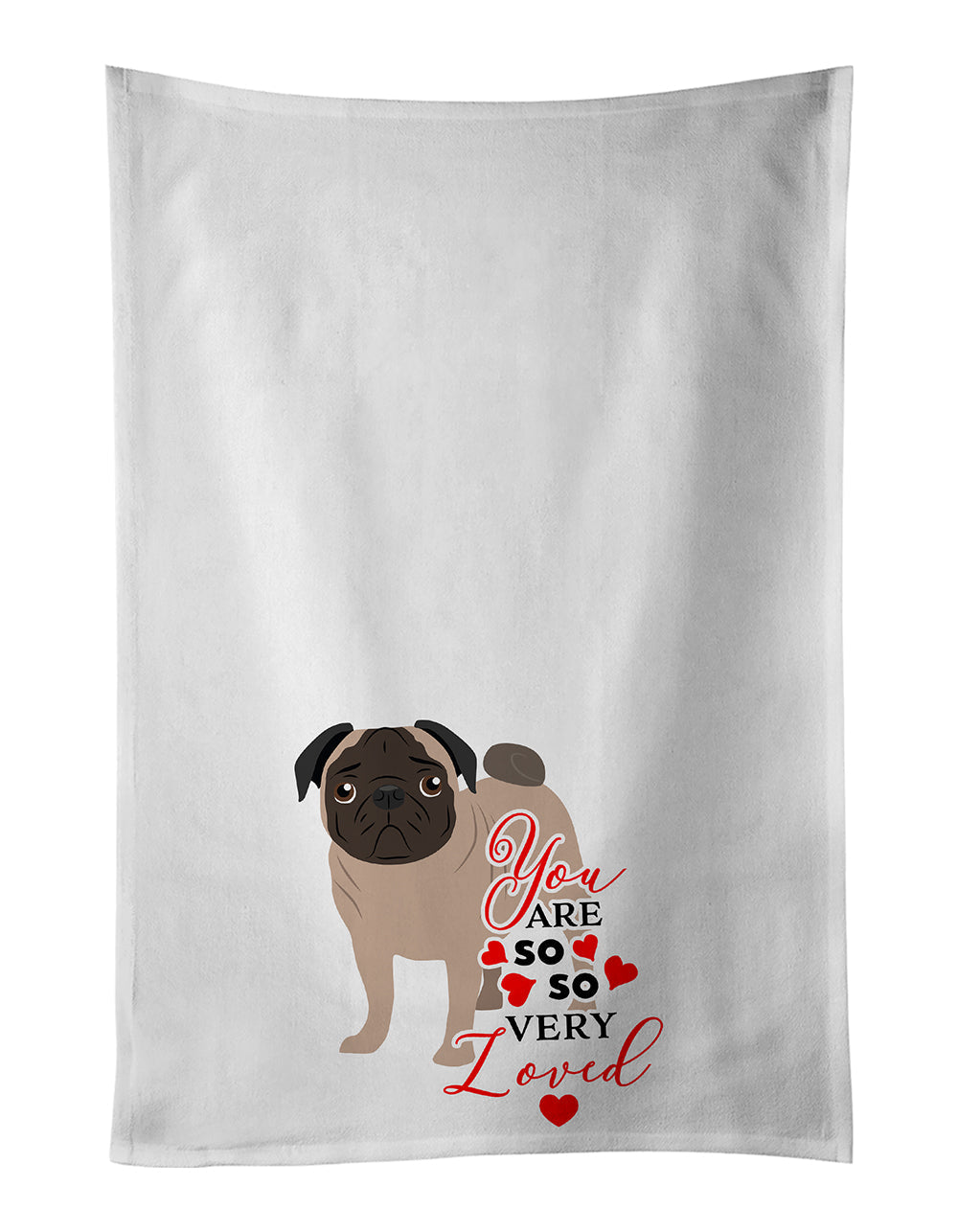 Pug Fawn #4 so Loved Kitchen Towel Set of 2 White Dish Towels Decorative Bathroom Hand towel for Hand, Face, Hair, Yoga, Tea, Dishcloth, 19 X 28", White
