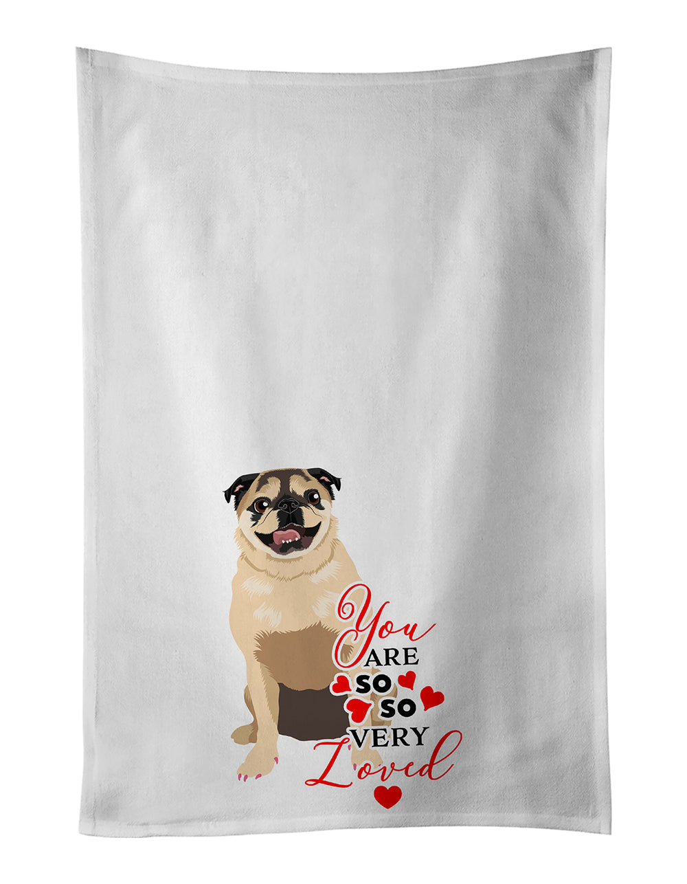 Pug Fawn #5 so Loved Kitchen Towel Set of 2 White Dish Towels Decorative Bathroom Hand towel for Hand, Face, Hair, Yoga, Tea, Dishcloth, 19 X 28", White