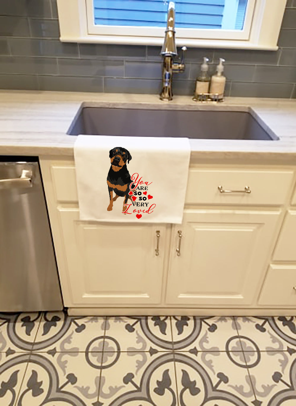 Rottweiler Black and Rust so Loved Kitchen Towel Set of 2 White Dish Towels Decorative Bathroom Hand towel for Hand, Face, Hair, Yoga, Tea, Dishcloth, 19 X 28", White