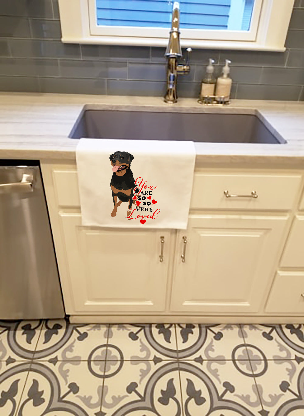 Rottweiler Black and Tan #1 so Loved Kitchen Towel Set of 2 White Dish Towels Decorative Bathroom Hand towel for Hand, Face, Hair, Yoga, Tea, Dishcloth, 19 X 28", White