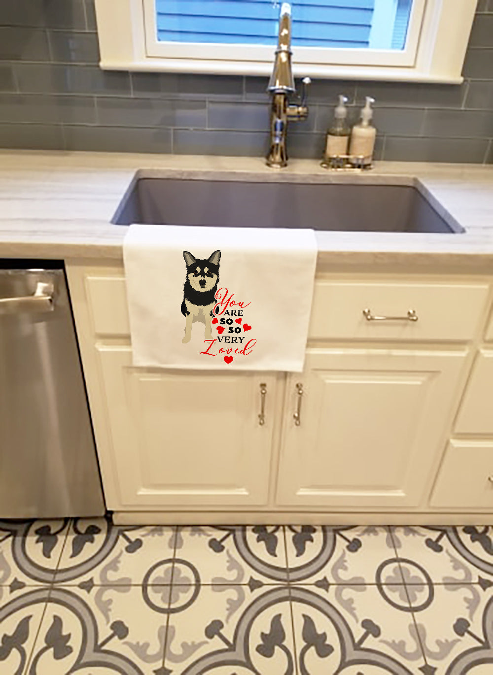 Shiba Inu Husky Mix so Loved Kitchen Towel Set of 2 White Dish Towels Decorative Bathroom Hand towel for Hand, Face, Hair, Yoga, Tea, Dishcloth, 19 X 28", White