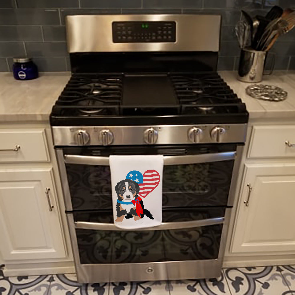 Bernese Mountain Dog Puppy #1 Patriotic Kitchen Towel Set of 2 White Dish Towels Decorative Bathroom Hand towel for Hand, Face, Hair, Yoga, Tea, Dishcloth, 19 X 28", White