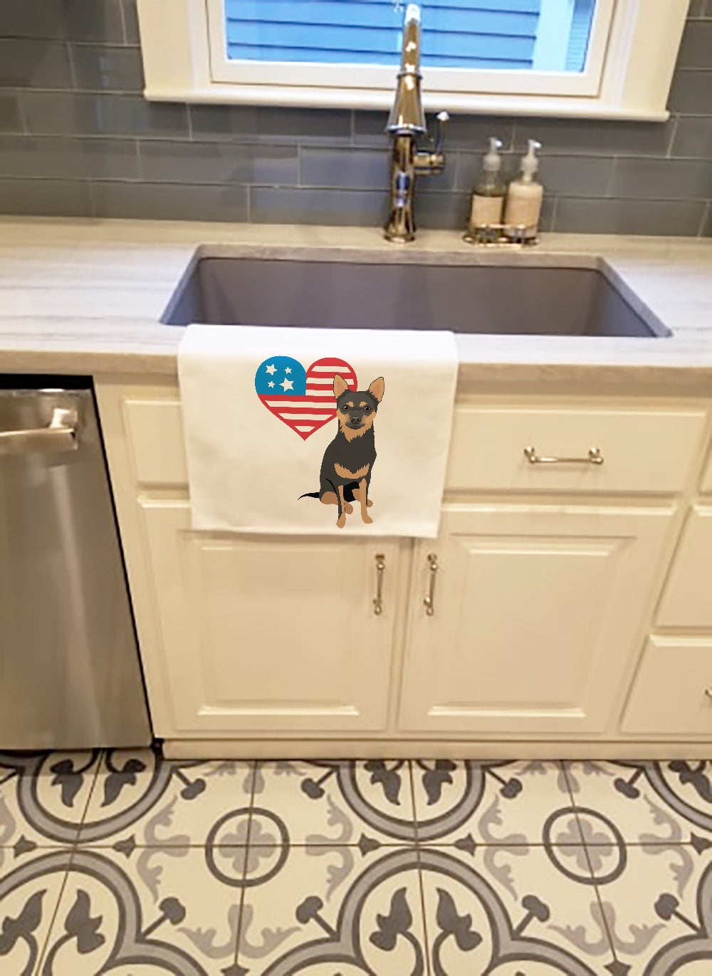 Chihuahua Black and Tan #1 Patriotic Kitchen Towel Set of 2 White Dish Towels Decorative Bathroom Hand towel for Hand, Face, Hair, Yoga, Tea, Dishcloth, 19 X 28", White