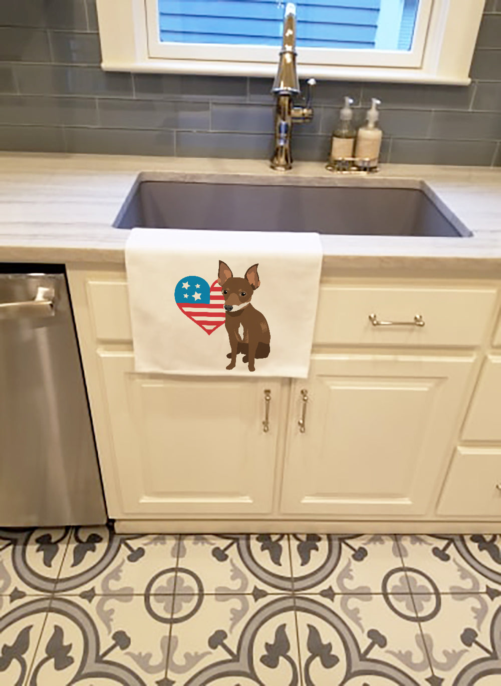 Chihuahua Chocolate and White #2 Patriotic Kitchen Towel Set of 2 White Dish Towels Decorative Bathroom Hand towel for Hand, Face, Hair, Yoga, Tea, Dishcloth, 19 X 28", White