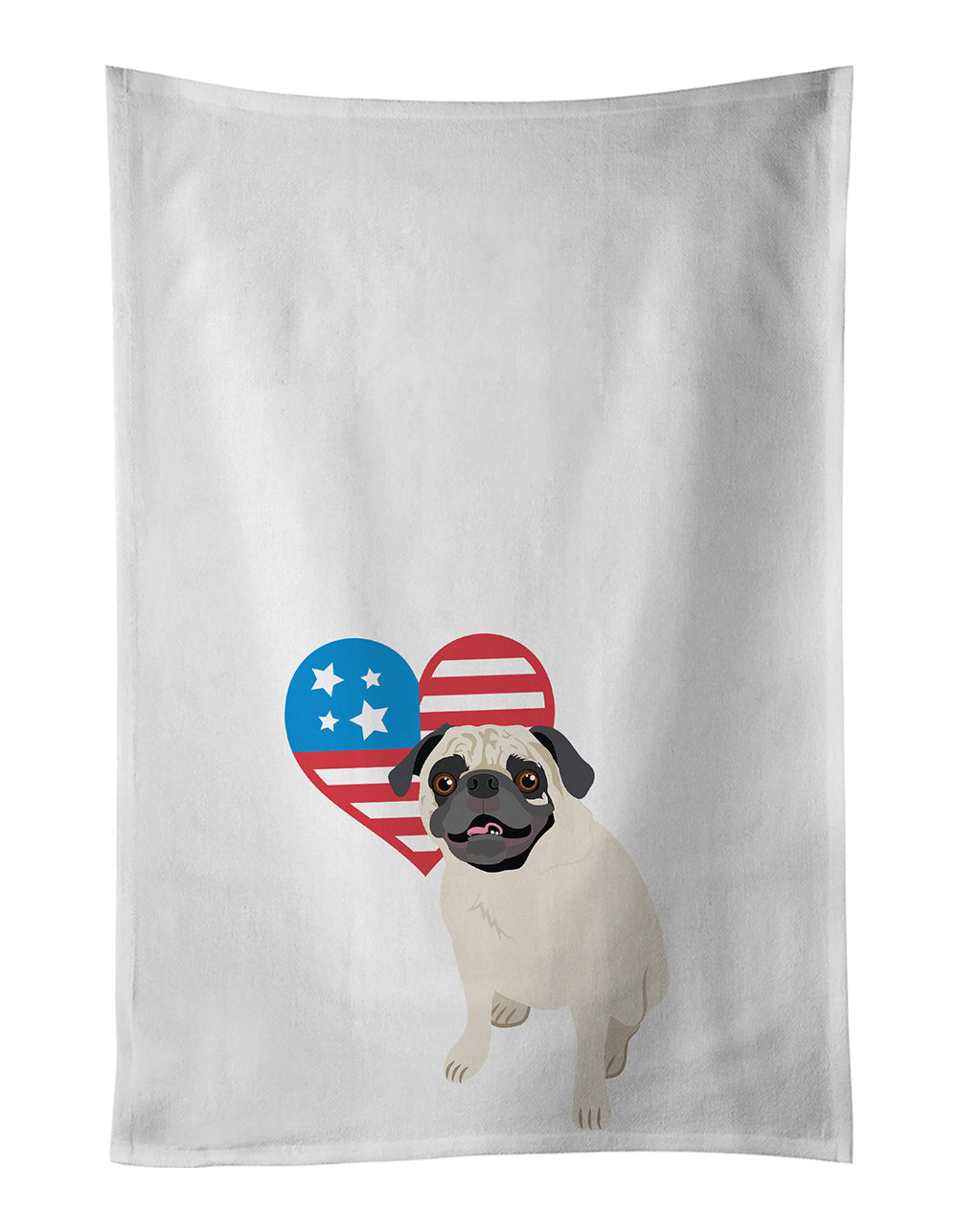 Pug Fawn #2 Patriotic Kitchen Towel Set of 2 White Dish Towels Decorative Bathroom Hand towel for Hand, Face, Hair, Yoga, Tea, Dishcloth, 19 X 28", White