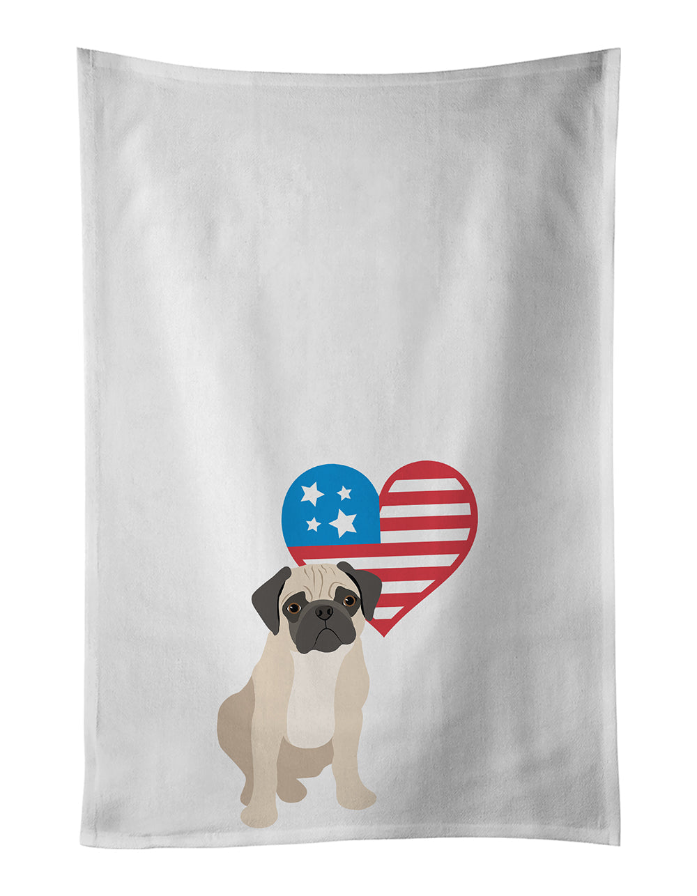 Pug Fawn #3 Patriotic Kitchen Towel Set of 2 White Dish Towels Decorative Bathroom Hand towel for Hand, Face, Hair, Yoga, Tea, Dishcloth, 19 X 28", White