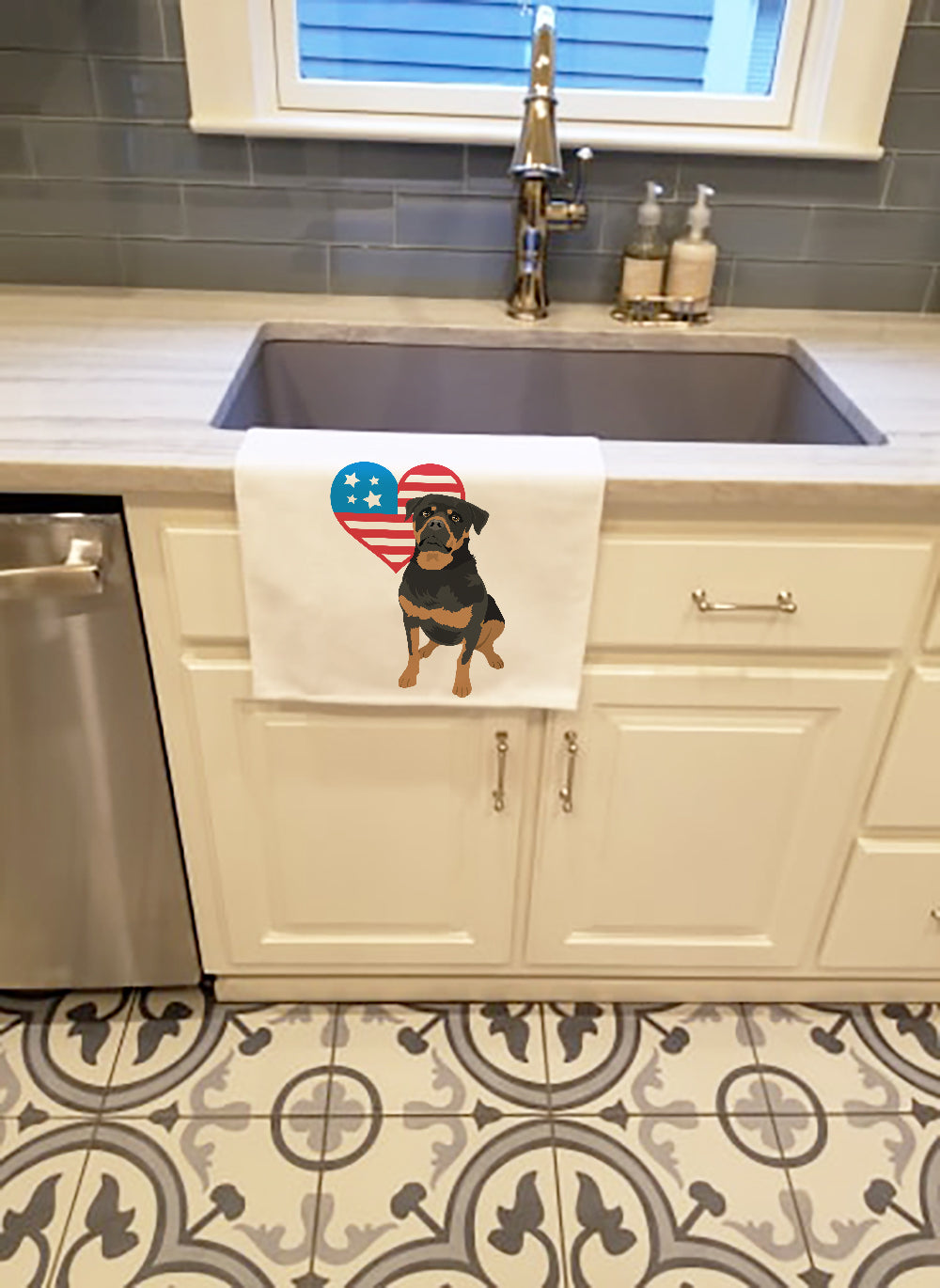 Rottweiler Black and Mahogany Patriotic Kitchen Towel Set of 2 White Dish Towels Decorative Bathroom Hand towel for Hand, Face, Hair, Yoga, Tea, Dishcloth, 19 X 28", White