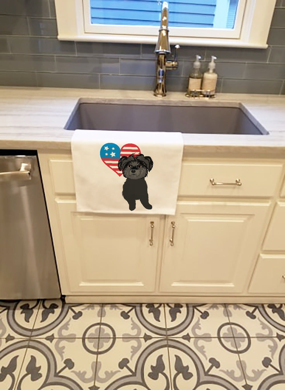 Shih-Tzu Black Patriotic Kitchen Towel Set of 2 White Dish Towels Decorative Bathroom Hand towel for Hand, Face, Hair, Yoga, Tea, Dishcloth, 19 X 28", White