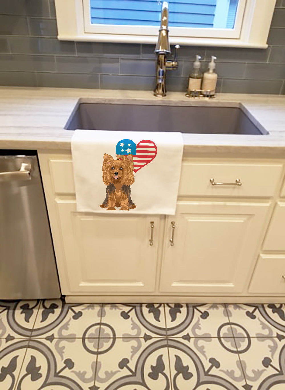 Yorkie Black and Gold #1 Patriotic Kitchen Towel Set of 2 White Dish Towels Decorative Bathroom Hand towel for Hand, Face, Hair, Yoga, Tea, Dishcloth, 19 X 28", White
