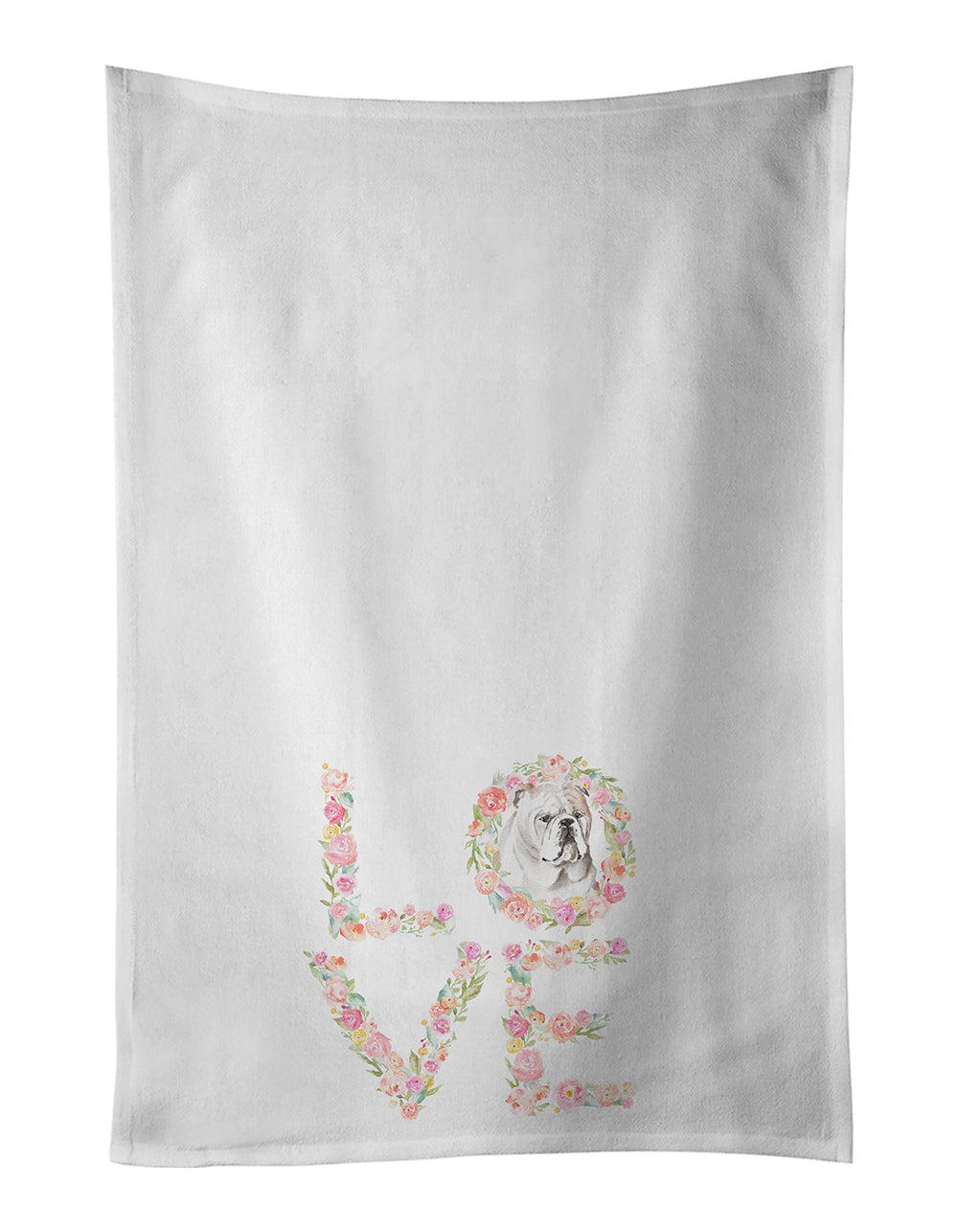 English Bulldog #2 LOVE Kitchen Towel Set of 2 White Dish Towels Decorative Bathroom Hand towel for Hand, Face, Hair, Yoga, Tea, Dishcloth, 19 X 28", White
