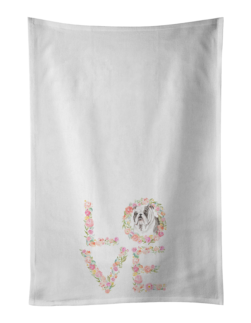 English Bulldog #4 LOVE Kitchen Towel Set of 2 White Dish Towels Decorative Bathroom Hand towel for Hand, Face, Hair, Yoga, Tea, Dishcloth, 19 X 28", White