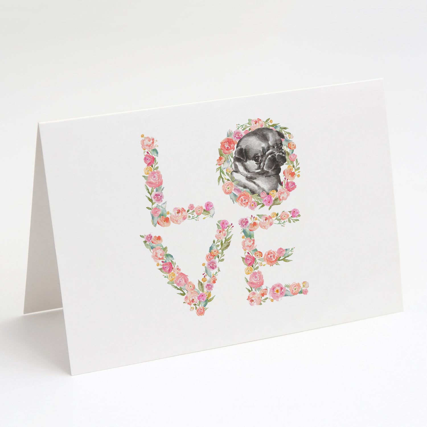 Pug #2 LOVE Greeting Cards Pack of 8 Blank Cards with Envelopes Whimsical A7 Size 5x7
