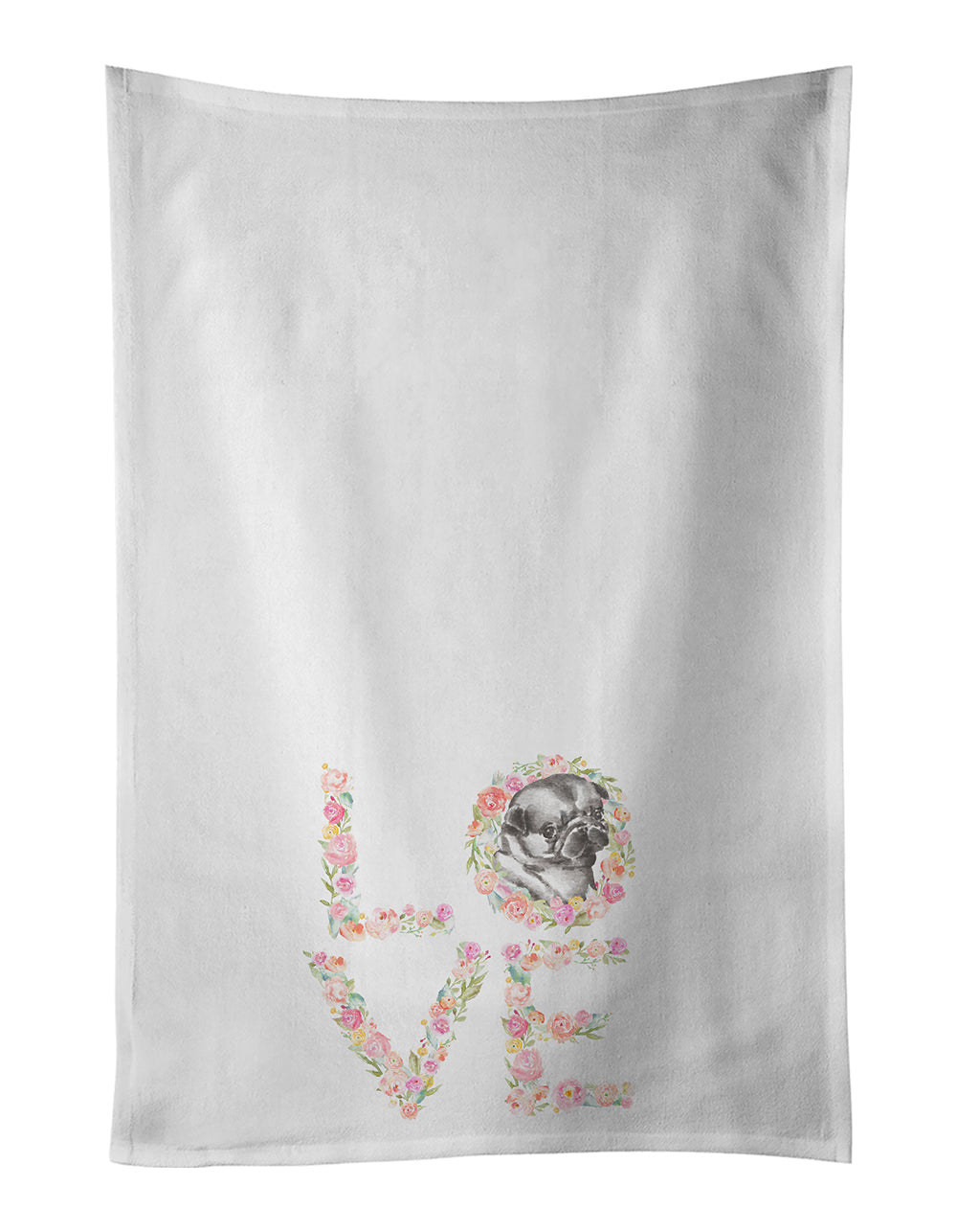 Pug #2 LOVE Kitchen Towel Set of 2 White Dish Towels Decorative Bathroom Hand towel for Hand, Face, Hair, Yoga, Tea, Dishcloth, 19 X 28", White