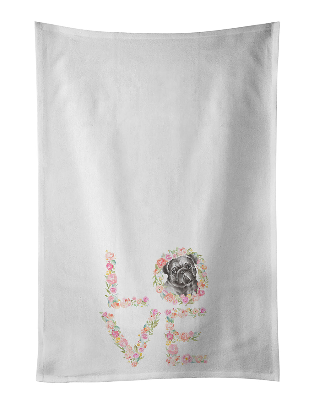 Pug #4 LOVE Kitchen Towel Set of 2 White Dish Towels Decorative Bathroom Hand towel for Hand, Face, Hair, Yoga, Tea, Dishcloth, 19 X 28", White