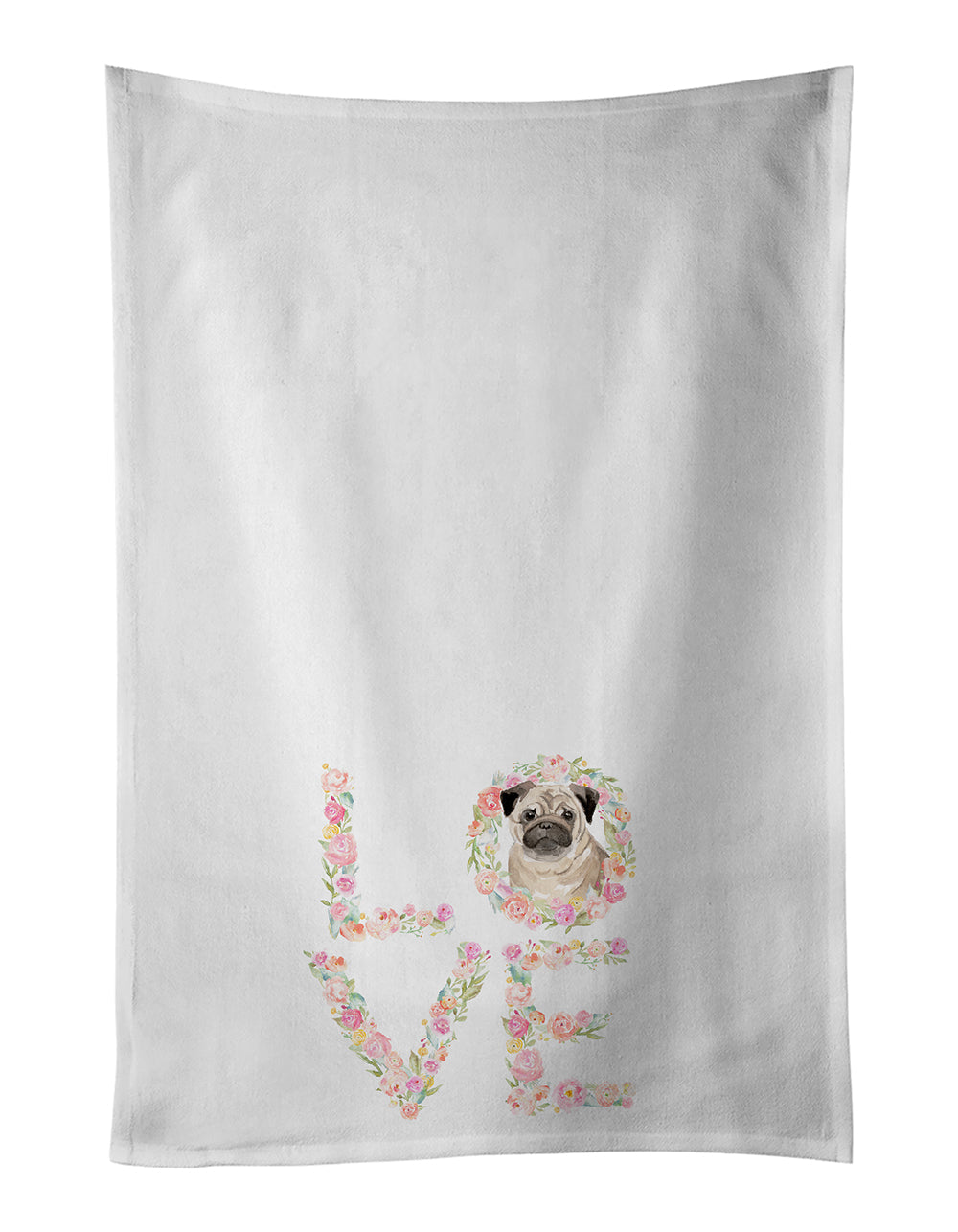 Pug #2 Love Kitchen Towel Set of 2 White Dish Towels Decorative Bathroom Hand towel for Hand, Face, Hair, Yoga, Tea, Dishcloth, 19 X 28", White