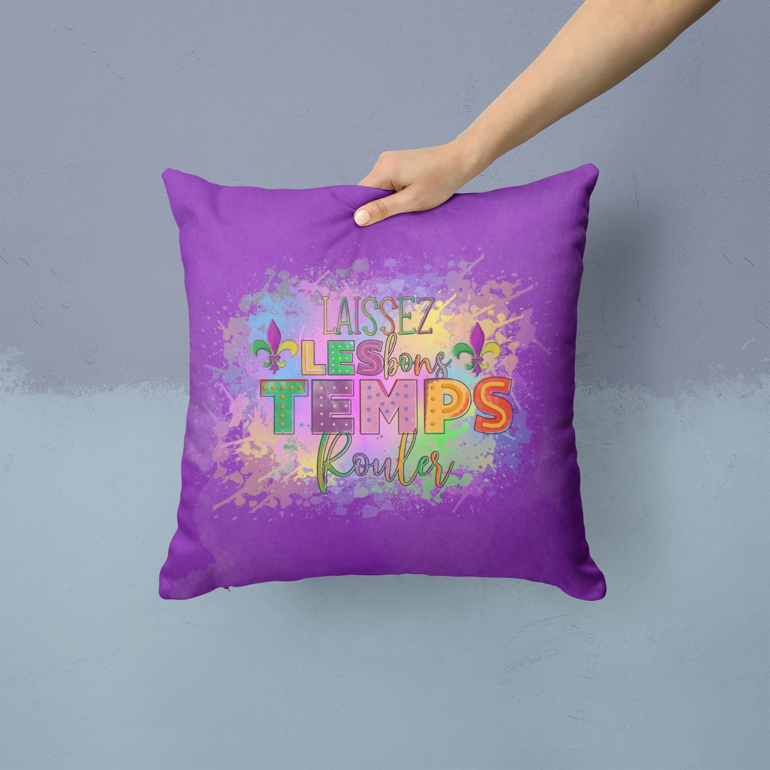 Laissex Les bons Temps Rouler Mardi Gras Decorative Throw Pillow 14x14 Indoor Outdoor Accent Cushion, Fabric Cover with Insert for Sofa, Bed, Porch & Living Room