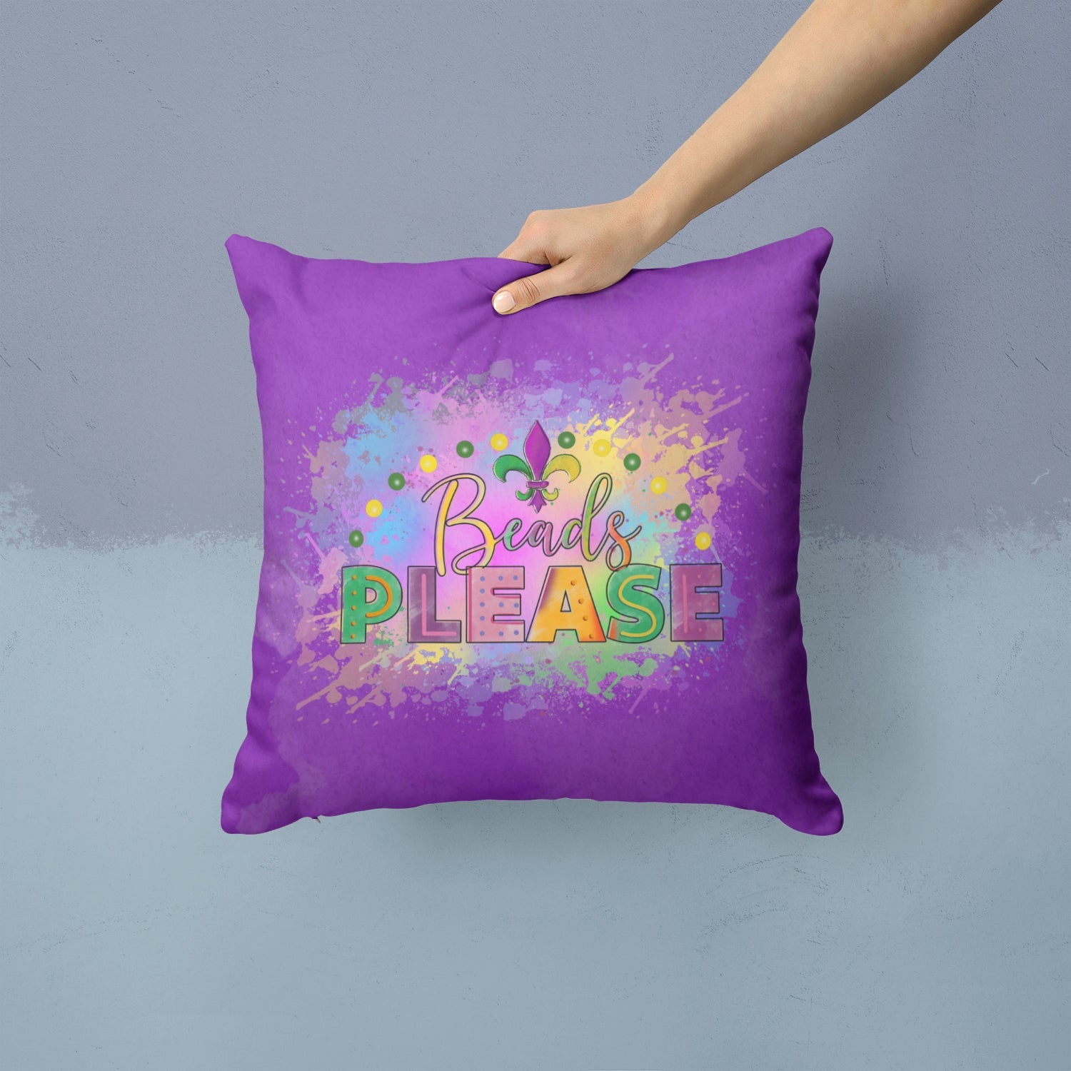 Beads Please Mardi Gras Decorative Throw Pillow 14x14 Indoor Outdoor Accent Cushion, Fabric Cover with Insert for Sofa, Bed, Porch & Living Room