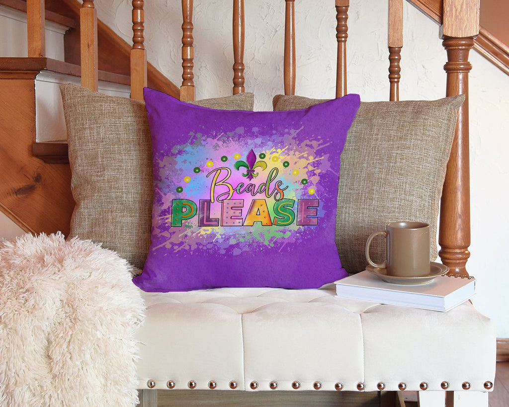 Beads Please Mardi Gras Decorative Throw Pillow 14x14 Indoor Outdoor Accent Cushion, Fabric Cover with Insert for Sofa, Bed, Porch & Living Room