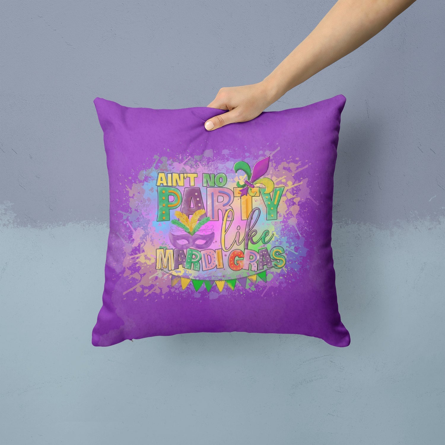 Ain't No Party Like Mardi Gras Decorative Throw Pillow 14x14 Indoor Outdoor Accent Cushion, Fabric Cover with Insert for Sofa, Bed, Porch & Living Room