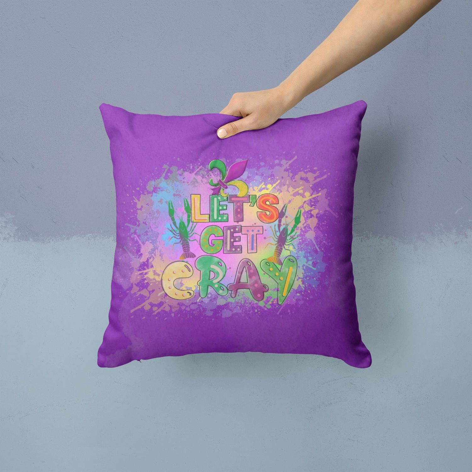 Let's Get Cray Mardi Gras Decorative Throw Pillow 14x14 Indoor Outdoor Accent Cushion, Fabric Cover with Insert for Sofa, Bed, Porch & Living Room
