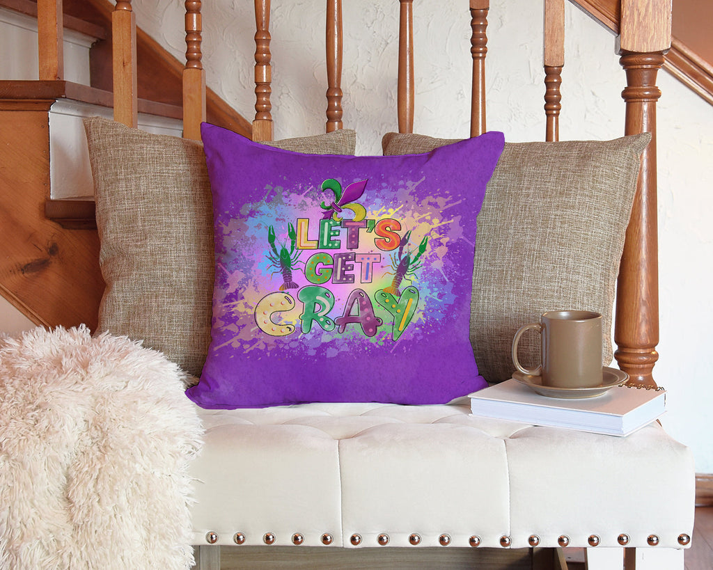 Let's Get Cray Mardi Gras Decorative Throw Pillow 14x14 Indoor Outdoor Accent Cushion, Fabric Cover with Insert for Sofa, Bed, Porch & Living Room