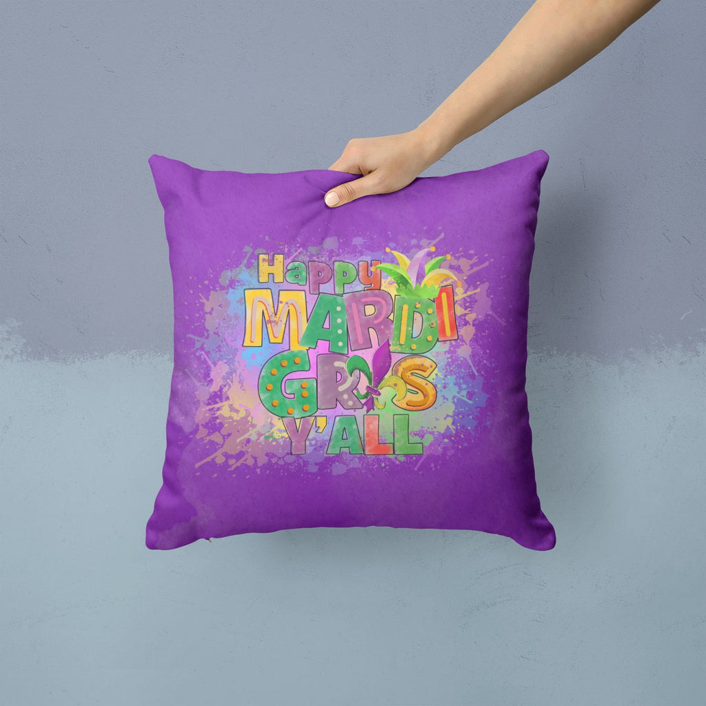 Happy Mardi Gras Y'all Decorative Throw Pillow 14x14 Indoor Outdoor Accent Cushion, Fabric Cover with Insert for Sofa, Bed, Porch & Living Room