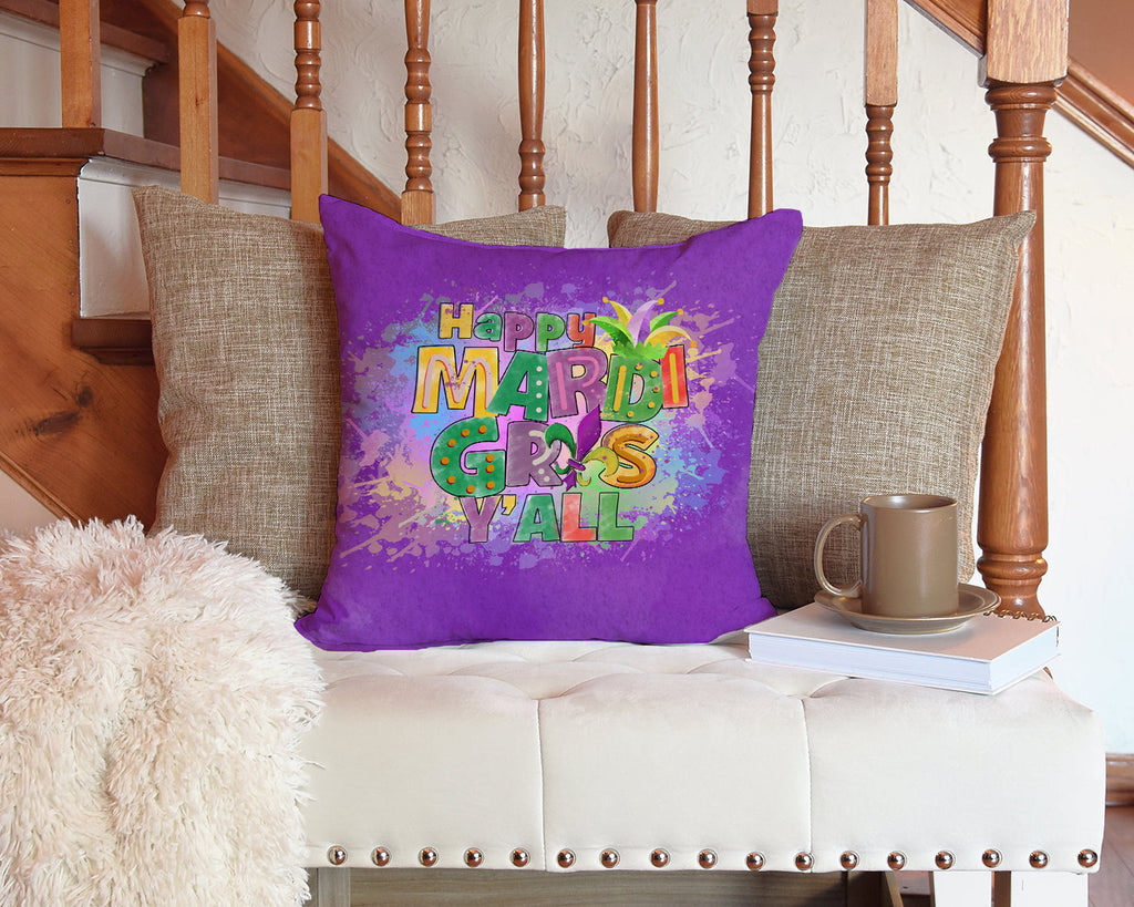 Happy Mardi Gras Y'all Decorative Throw Pillow 14x14 Indoor Outdoor Accent Cushion, Fabric Cover with Insert for Sofa, Bed, Porch & Living Room
