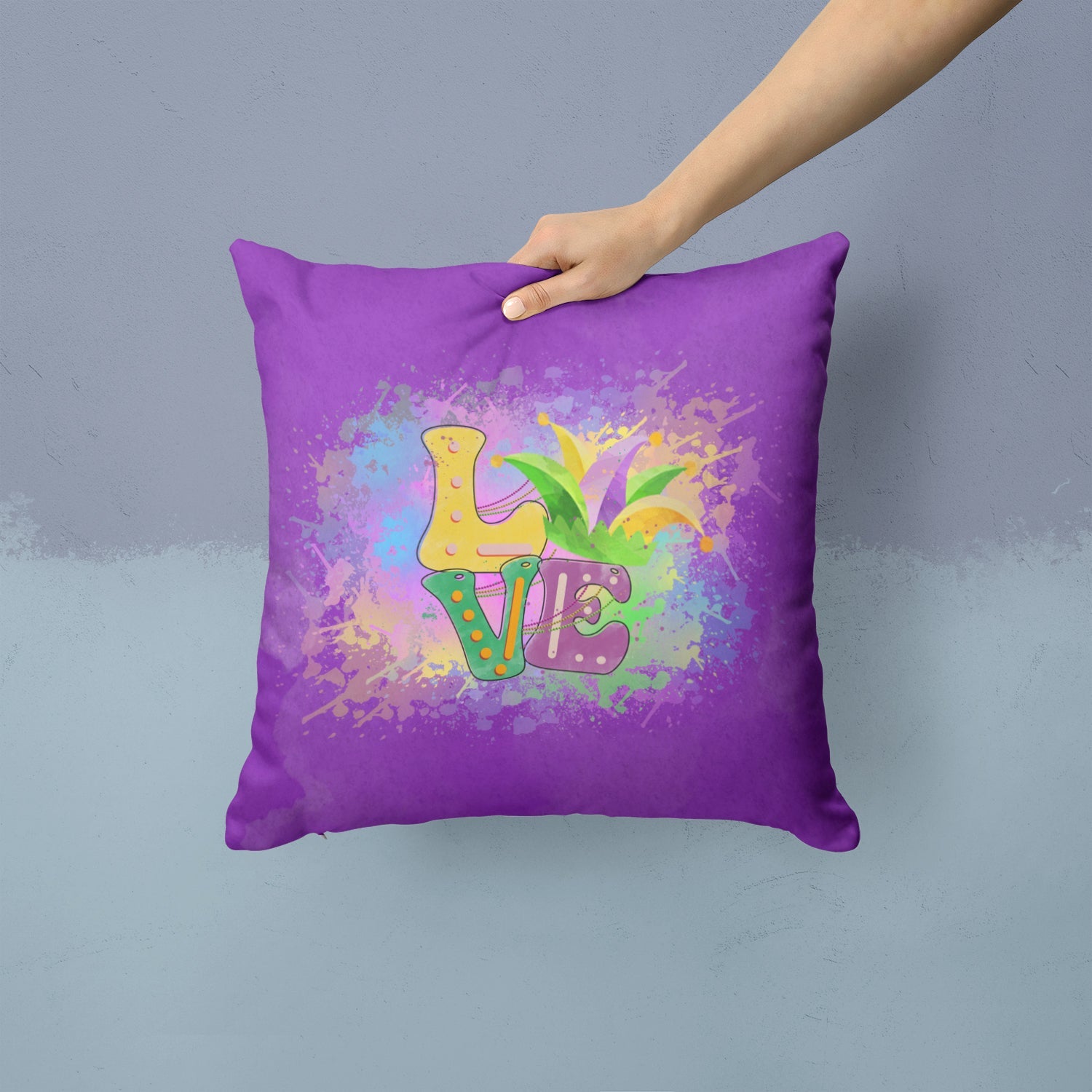 Love Mardi Gras Decorative Throw Pillow 14x14 Indoor Outdoor Accent Cushion, Fabric Cover with Insert for Sofa, Bed, Porch & Living Room