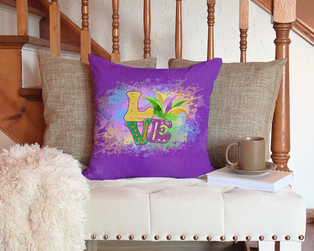 Love Mardi Gras Decorative Throw Pillow 14x14 Indoor Outdoor Accent Cushion, Fabric Cover with Insert for Sofa, Bed, Porch & Living Room