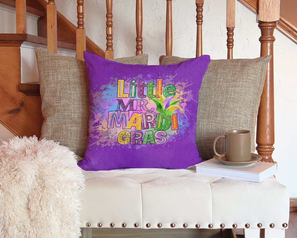 Little Mr. Mardi Gras Decorative Throw Pillow 14x14 Indoor Outdoor Accent Cushion, Fabric Cover with Insert for Sofa, Bed, Porch & Living Room