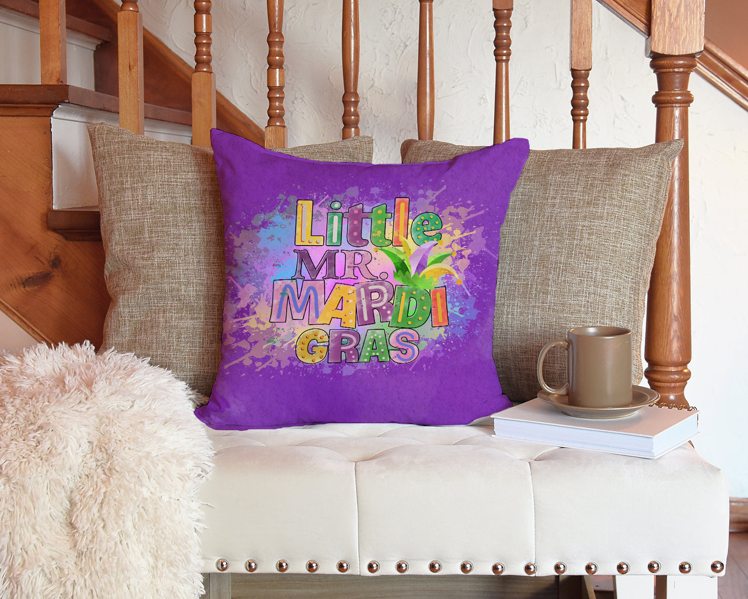 Little Mr. Mardi Gras Decorative Throw Pillow 14x14 Indoor Outdoor Accent Cushion, Fabric Cover with Insert for Sofa, Bed, Porch & Living Room