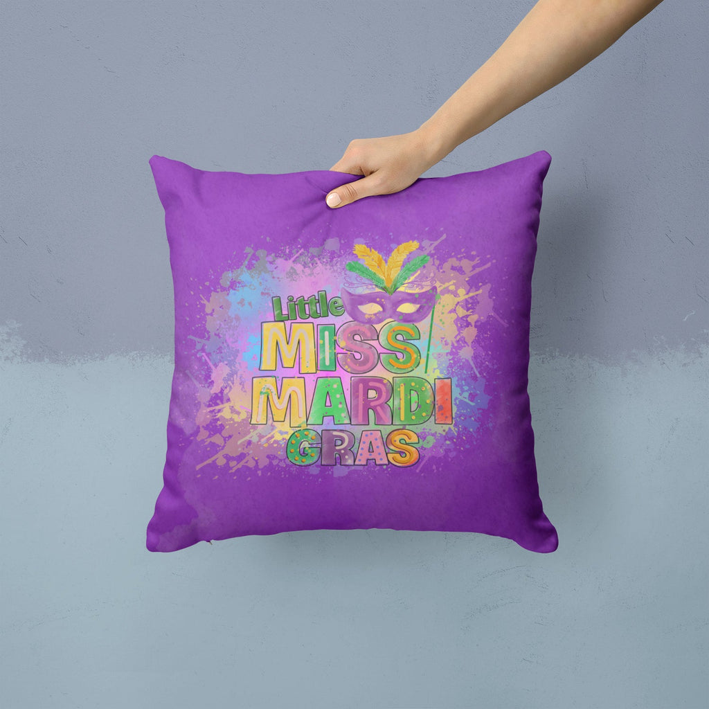 Little Miss Mardi Gras Decorative Throw Pillow 14x14 Indoor Outdoor Accent Cushion, Fabric Cover with Insert for Sofa, Bed, Porch & Living Room