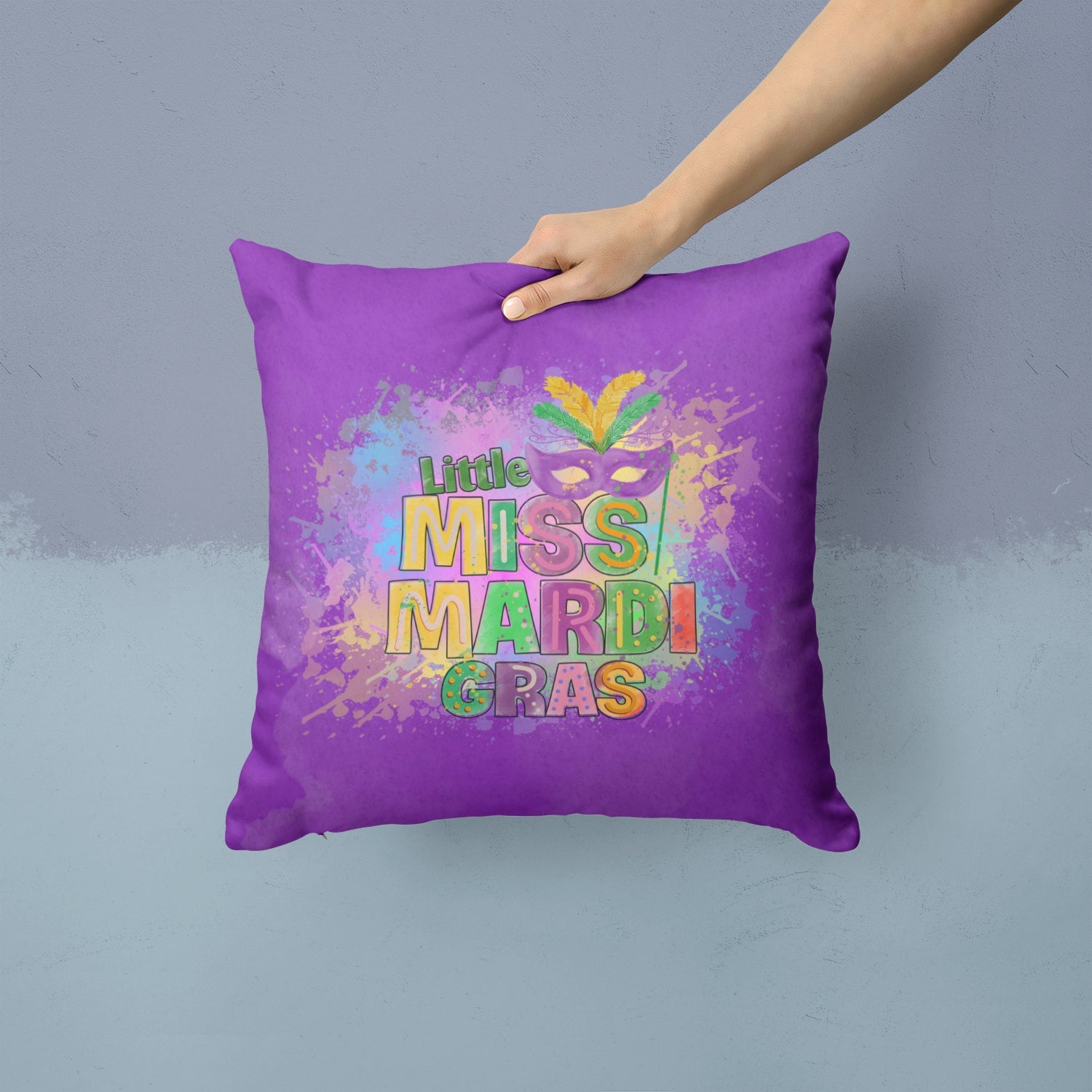 Little Miss Mardi Gras Decorative Throw Pillow 14x14 Indoor Outdoor Accent Cushion, Fabric Cover with Insert for Sofa, Bed, Porch & Living Room