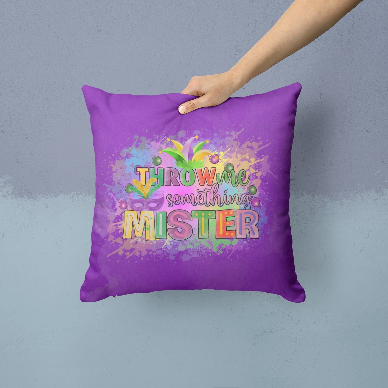 Throw me Somethin Mister Mardi Gras Decorative Throw Pillow 14x14 Indoor Outdoor Accent Cushion, Fabric Cover with Insert for Sofa, Bed, Porch & Living Room