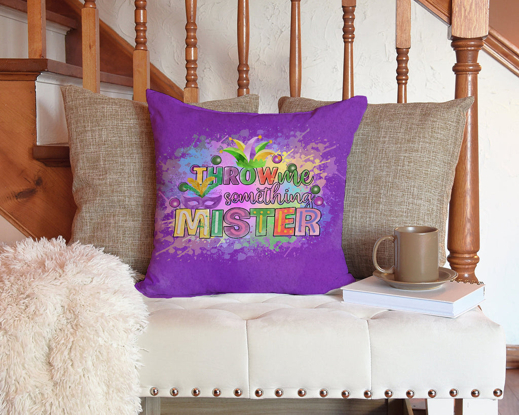 Throw me Somethin Mister Mardi Gras Decorative Throw Pillow 14x14 Indoor Outdoor Accent Cushion, Fabric Cover with Insert for Sofa, Bed, Porch & Living Room
