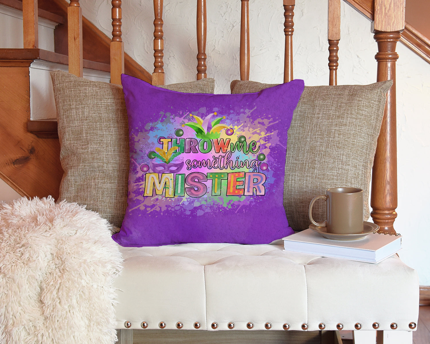 Throw me Somethin Mister Mardi Gras Decorative Throw Pillow 14x14 Indoor Outdoor Accent Cushion, Fabric Cover with Insert for Sofa, Bed, Porch & Living Room