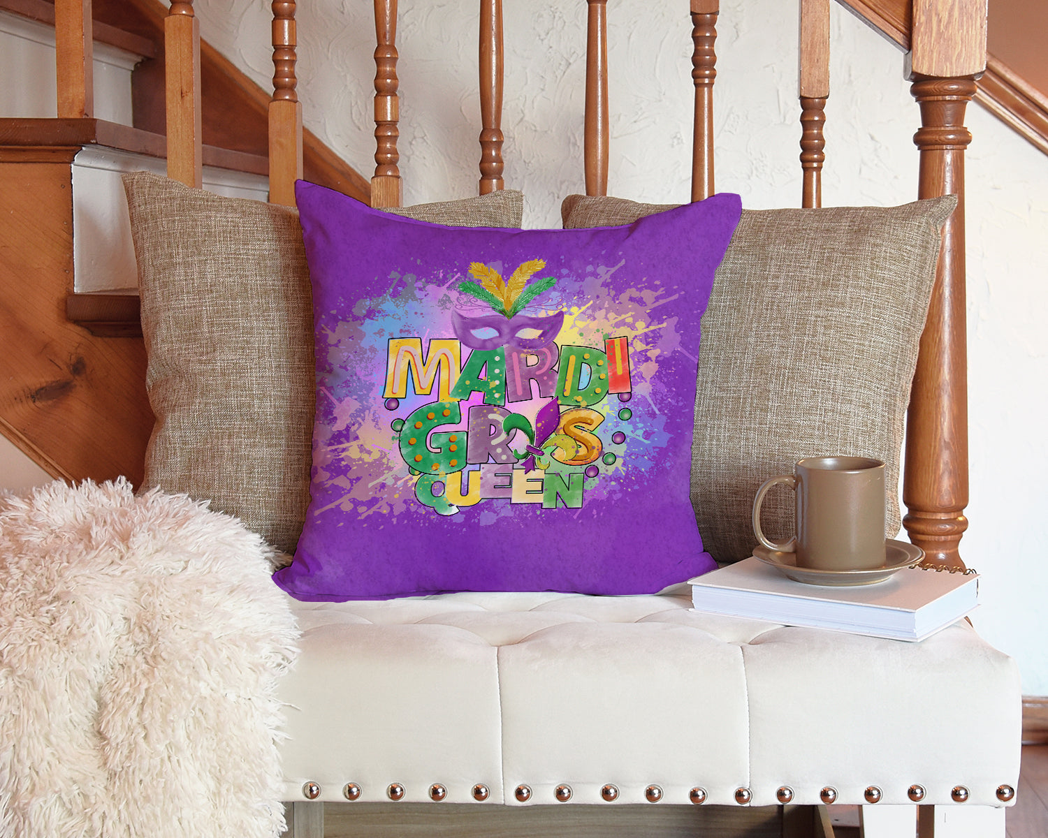 Mardi Gras Queen Decorative Throw Pillow 14x14 Indoor Outdoor Accent Cushion, Fabric Cover with Insert for Sofa, Bed, Porch & Living Room